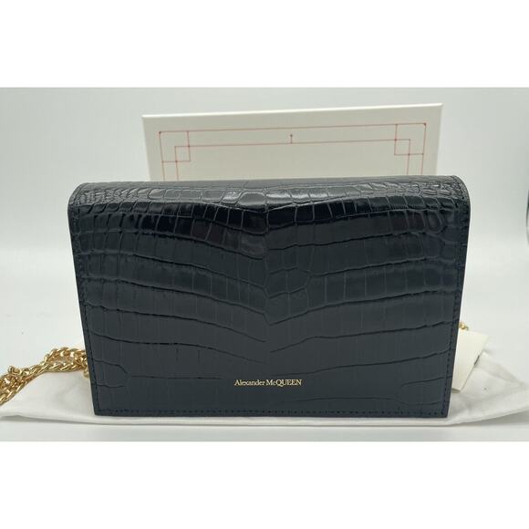 NEW ALEXANDER MCQUEEN BLACK LEATHER SKULL CROC CHAIN BAG PURSE NWT BOX - Picture 7 of 12